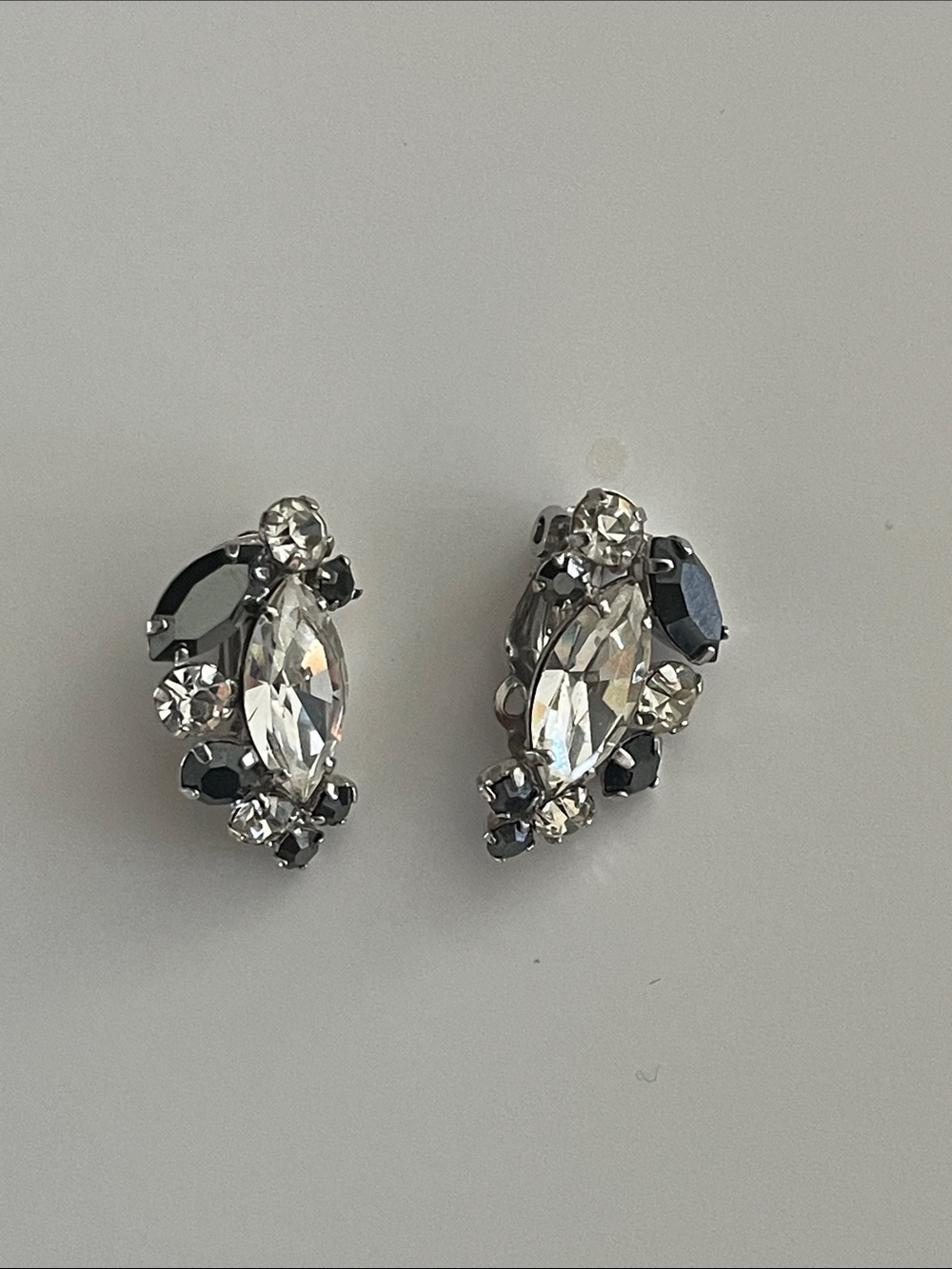 Signed Sherman Hematite-Coated Black Diamond & Clear Rhinestone Clip-On Earrings